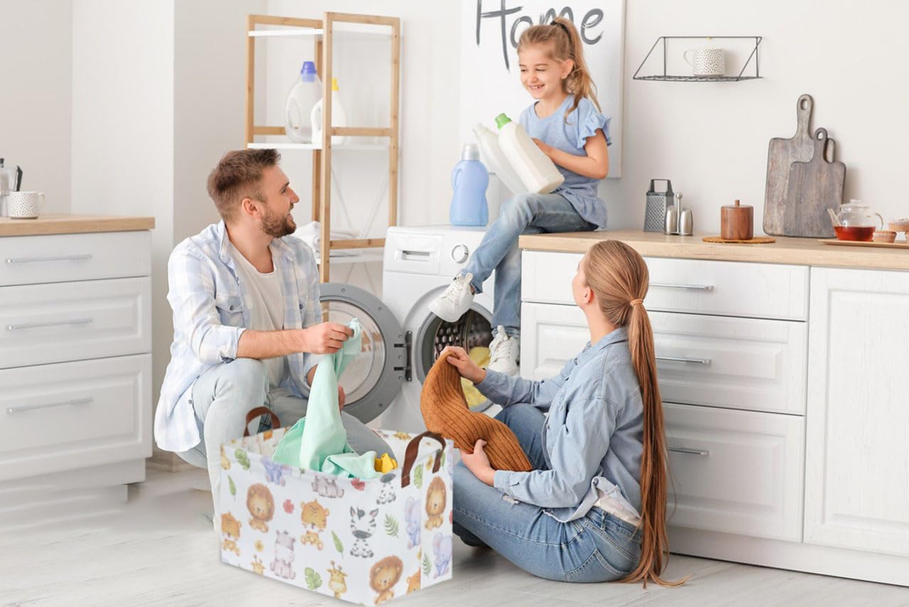 Sanjiaofen Rectangular Kids Storage Bins,Baby Basket Organizer.Waterproof Pe Coating Cute Basket With Handles.Woodland Nursery Decor,Toys Box,Books Basket,Gifts Basket. (Cute Animal)